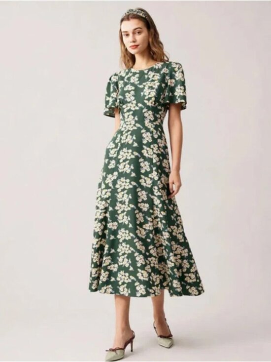 RIHOAS Dresses & Skirts - RIHOAS Green White Daisy Floral Midi Cottagecore Midi Dress Short Sleeve Size S